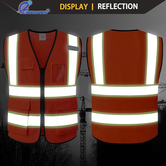 Safety Vest for Men Women Reflective with 5 Pockets and Zipper Front Mesh High Visibility Vest Hi Vis Construction Work Vest,Meets ANSI/ISEA Standards(EK175-Orange-M)