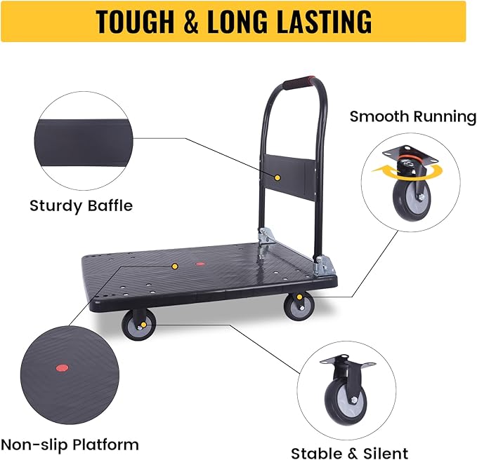 Hand Cart 660 lbs, Push Cart Dolly Black, Capacity Platform Truck Foldable Platform Cart Upgraded Heavy Duty Moving Cart with PU Wheels for Home Garden Warehouse Garage Workshops