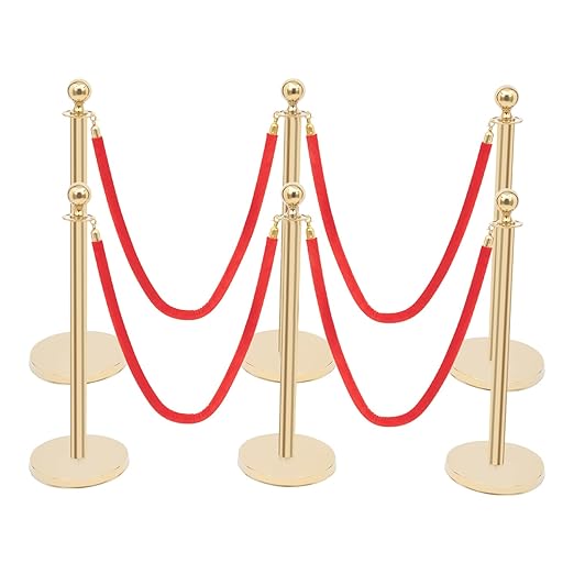 6-Piece Gold Stanchion Posts, Stanchions with Red Velvet Ropes Set & Ball Head with 4 Universal Holes, Stainless Steel Gold Stanchions for Party, Museums, Wedding, Easy Connect Assembly
