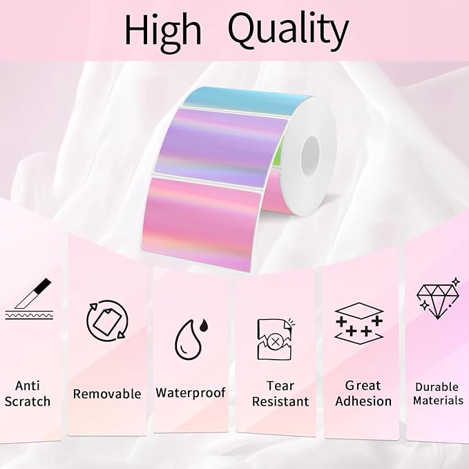 3x2 Inch Holographic Thermal Labels, Colorful Direct Thermal Stickers Label, Self-Adhesive Thermals Printer Sticker Labels, Perforation Line Design- 200Pcs/ 1 Roll