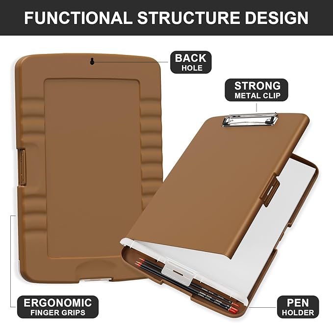 Plastic Clipboard with Storage, 8.5 x 11 Storage Organization Box Side-Opening, Heavy Duty Clip Board with Pen Holder and Paper Folder for Nurses, Teachers, Office & School Supply, Brown