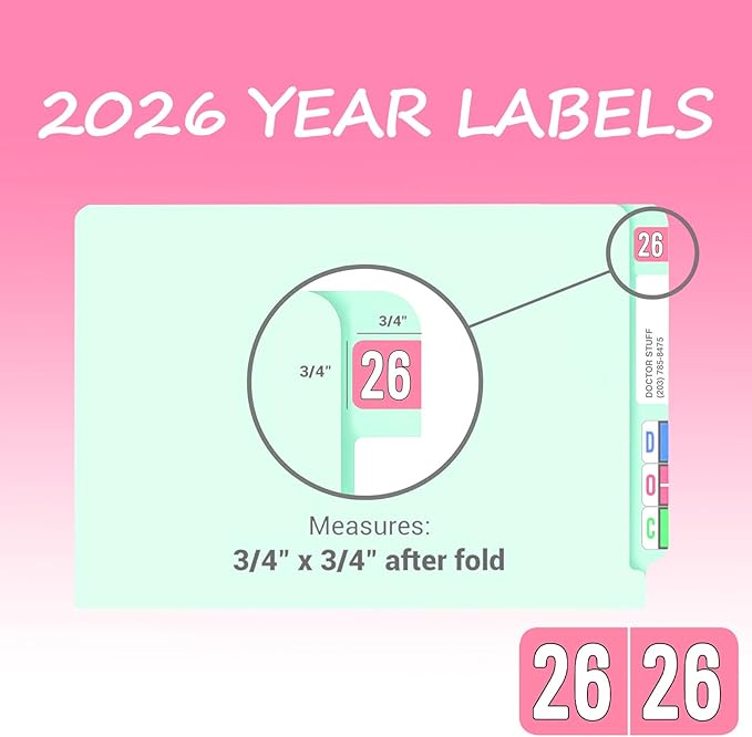 500 Pcs 2026 Year Stickers, Waterproof File Folder Labels, Self-Adhesive Rectangle Tabs for End Folders and Envelopes, Number Tabs, Office and Home Supplies (Pink)