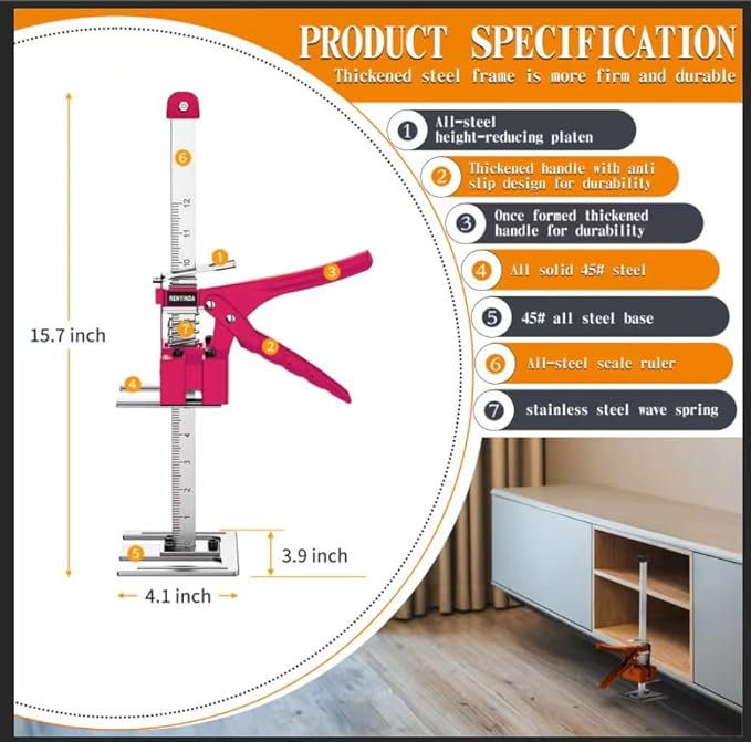 Labor-Saving Arm Jack Multifunctional Construction Jacks, Furniture Jacks， for Installing Windows and Doors, Lifting Furniture, Woodworking Tools, Wall Tile Positioning (Pink, 15.7inches)