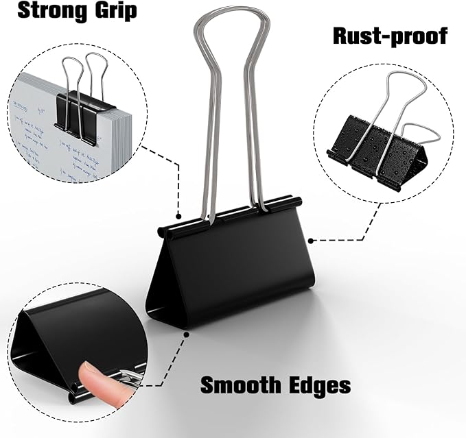 Medium Binder Clips, 48-Pack 1.25 Inch Paper Clips, Heavy Duty Black Clips Hold 150 Sheets, Rust-Proof with Smooth Edges for Cable, Office, Workplace, School, Home, Kitchen Food Organization