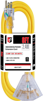 EP 8 Ft 12 Gauge Heavy Duty Extension Cord, 15A 125V 1875W, 3 Outlet Indoor/Outdoor Power Cord with Lighted End, 12/3 SJTW Weatherproof Yellow, UL Listed