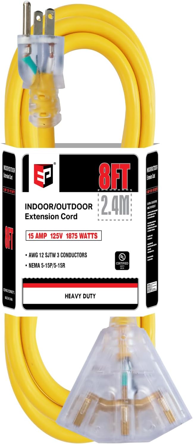 EP 8 Ft 12 Gauge Heavy Duty Extension Cord, 15A 125V 1875W, 3 Outlet Indoor/Outdoor Power Cord with Lighted End, 12/3 SJTW Weatherproof Yellow, UL Listed