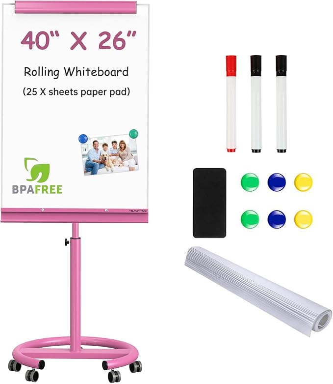 TSJ OFFICE Mobile Whiteboard Magnetic - 40 x 26 Inches Dry Erase Board on Wheel with Stand Flipchart Easel Height Adjustable, Violet