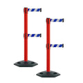 Montour Line MSR630D Set of 2 Retractable Belt Barrier Stanchion, Heavy-Duty Rubber Base, Red Post (13 ft Blue and White Diagonal Dual Belt)