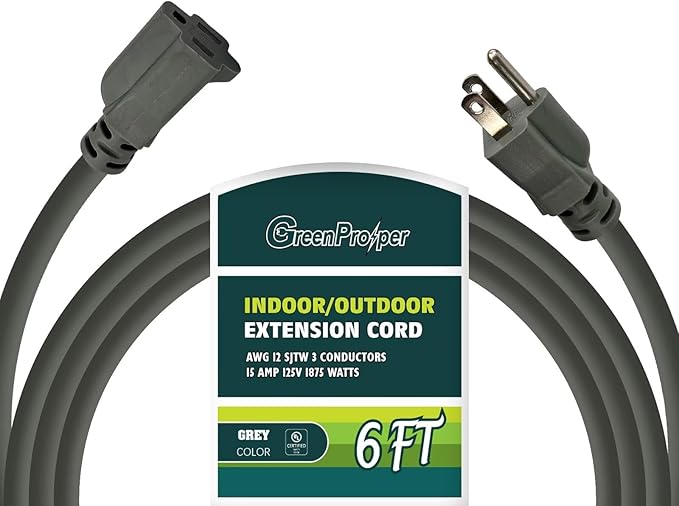 6 FT 12 Gauge Extension Cord Outdoor, Heavy Duty Weatherproof & Flame Retardant Black 3 Prong Power Cord, Outside for Garden & Lawn, 15 Amps 1875 Watts 125 VAC 12AWG SJTW, UL Listed
