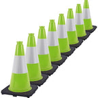 Fluorescent Orange/Green PVC Traffic Cones, Heavy Black Base Parking Lot Cone Structurally Stable Weatherproof Road Construction Safety Cones (8, Green, 18" Medium)
