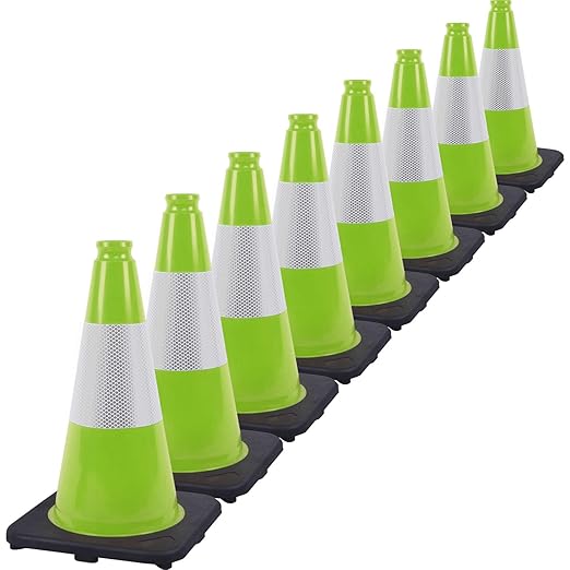 Fluorescent Orange/Green PVC Traffic Cones, Heavy Black Base Parking Lot Cone Structurally Stable Weatherproof Road Construction Safety Cones (8, Green, 18" Medium)