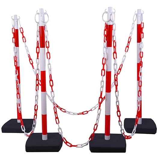 4Pack 35" Traffic Delineator Post Cone with 11" Base, Crowd Control Stands Barrier with 20ft Chains, Expandable Traffic Safety Barriers for Parking Lot, Road, Construction Caution (Red & White)