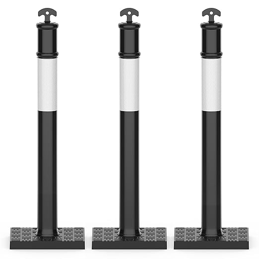 RoadHero 45 Inch Delineator Post with Rubber Base,Heavy Duty Black Traffic Delineator Posts Cones with Reflective Collars for Parking Lots, Road Safety, Construction Events 3 Pack