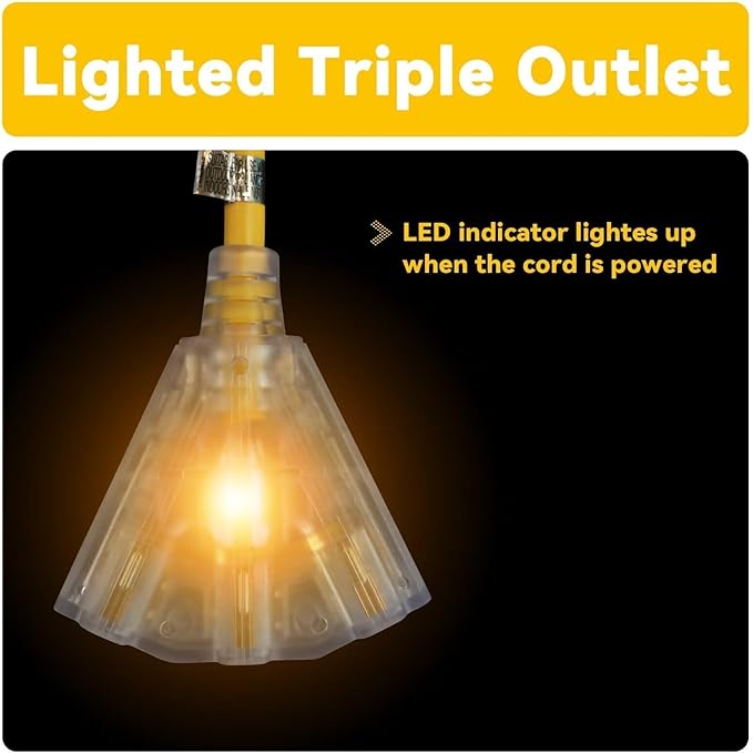 EP 25 Ft 12 Gauge Heavy Duty Extension Cord, 15A 125V 1875W, 3 Outlet Indoor/Outdoor Power Cord with Lighted End, 12/3 SJTW Weatherproof Yellow, UL Listed