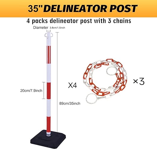 4Pack 35" Traffic Delineator Post Cone with 11" Base, Crowd Control Stands Barrier with 20ft Chains, Expandable Traffic Safety Barriers for Parking Lot, Road, Construction Caution (Red & White)
