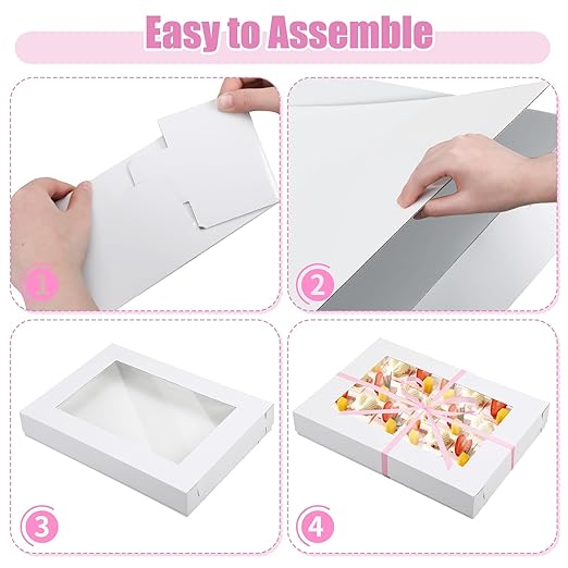 5 Set Corrugated Full Sheet Window Cake Box 26x18x4 Inch with Cake Board and Pink Satin Ribbon Heavy Duty Large Rectangle Bakery Boxes with Window White Bakery Boxes for Packaging Cupcake