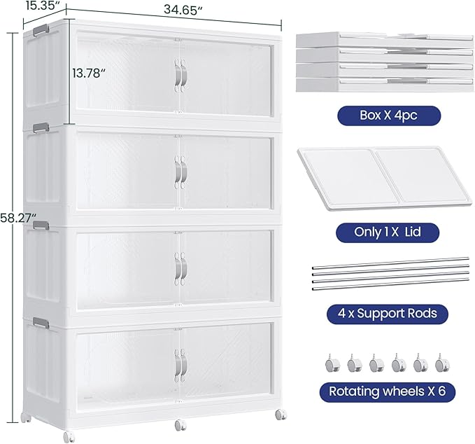 960QT Plastic Stackable Storage Bins with Lid, 240GAL Extra Large Collapsible Box with Wheels Clear Door, Foldable Closet Organizer Container Cabinet Drawer for Home Kitchen，4Pack, White