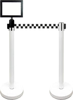 Retractable Stanchion, 6 SPECIALTY Posts + Signframe, 36" Ht, 78" Special Event & Holiday Theme Belt + Bonus Replacement Cassettes + Wall Receiver (WHT Post/Checker Belt)