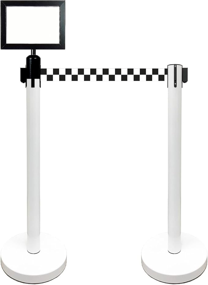 Retractable Stanchion, 6 SPECIALTY Posts + Signframe, 36" Ht, 78" Special Event & Holiday Theme Belt + Bonus Replacement Cassettes + Wall Receiver (WHT Post/Checker Belt)