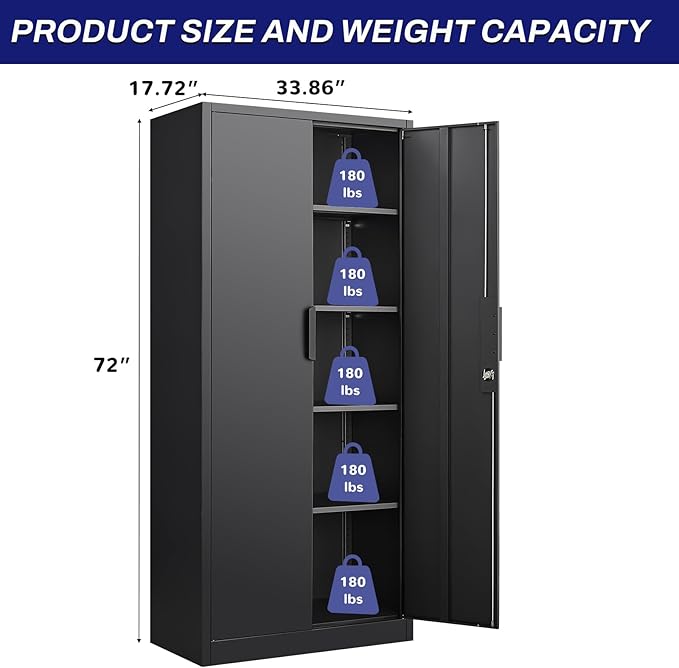 LUCYPAL 72" H Garage Storage Cabinet,Metal Storage Cabinet with Doors and 4 Adjustable Shelves,Steel Locking Cabinets for Home Office,Garage,School,Black