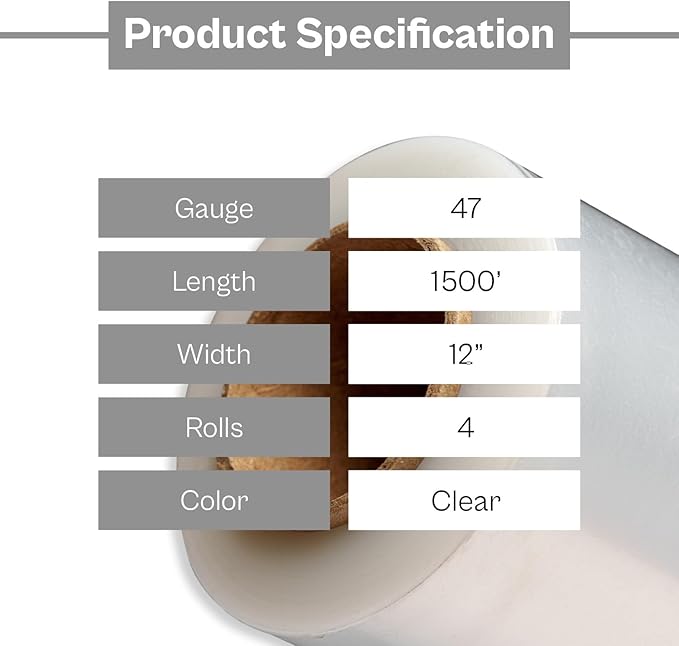 PSBM High Performance Pallet Stretch Wrap, 4 Pack Plastic Moving Wrap in 12 Inch x 1500 Feet, 47 Gauge, Clear Packing wrap for Moving, Ideal for Furniture Wrapping for Moving Purposes