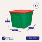 HOMZ 4-Pack Molded Bin, Holiday Storage Containers w/ Lids, 18 Gal, Green/Red Stackable Plastic Totes for Christmas Decorations, Gift Wraps, Crafts