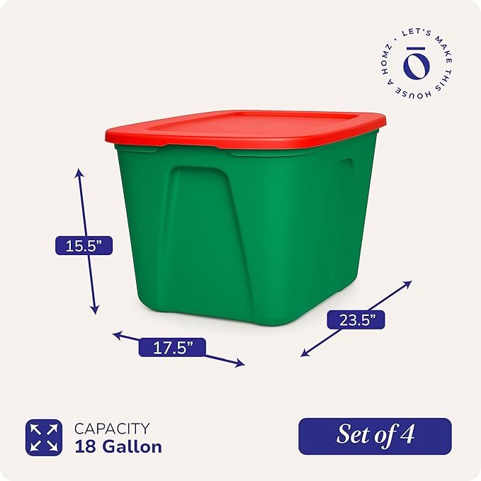 HOMZ 4-Pack Molded Bin, Holiday Storage Containers w/ Lids, 18 Gal, Green/Red Stackable Plastic Totes for Christmas Decorations, Gift Wraps, Crafts