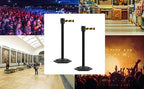 Montour Line MSR760 Set of 2 Retractable Belt Barrier Stanchion, Rubber Base, Black Powder Coated Post (35 ft Magenta and Yellow Diagonal Belt)