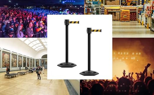 Montour Line MSR760 Set of 2 Retractable Belt Barrier Stanchion, Rubber Base, Black Powder Coated Post (35 ft Fluorescent Yellow Belt)