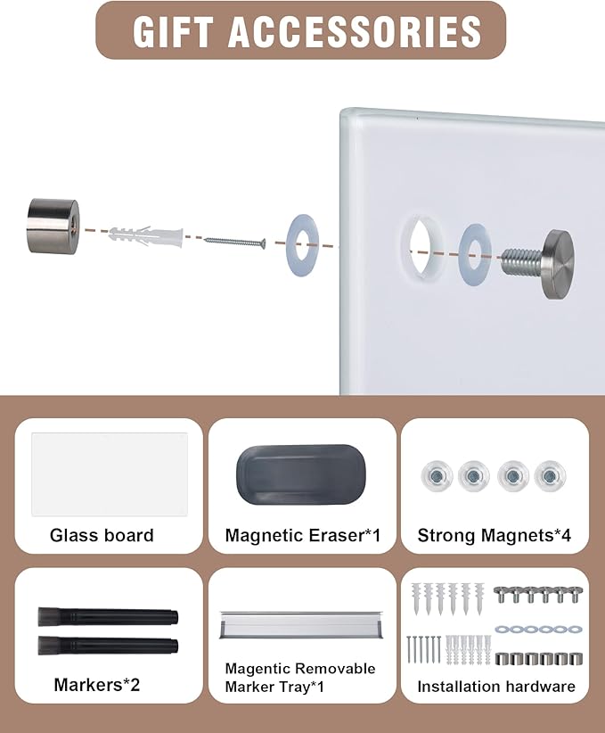 Mifuro Magnetic Glass Whiteboard，36"x24" Wall Mounted Frameless Dry Erase Board for Office, Home & School Ultra White