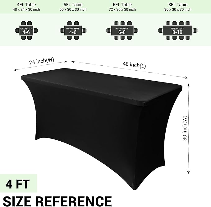 Obstal 6 Pack Stretch Spandex Table Covers for 4 Foot Tables - 4 FT Universal Rectangular Fitted Tablecloth Protector for Wedding, Banquet, Party (Black, 48 Length x 24 Width x 30 Height Inches)
