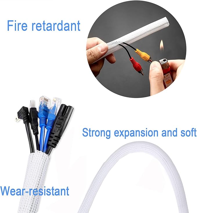 1/4" x50ft Split Sleeve Cable Organizer - Wire Protector Sleeving for Desk, PC, TV, Home Office | Cord Management Cover, Easy Install, White