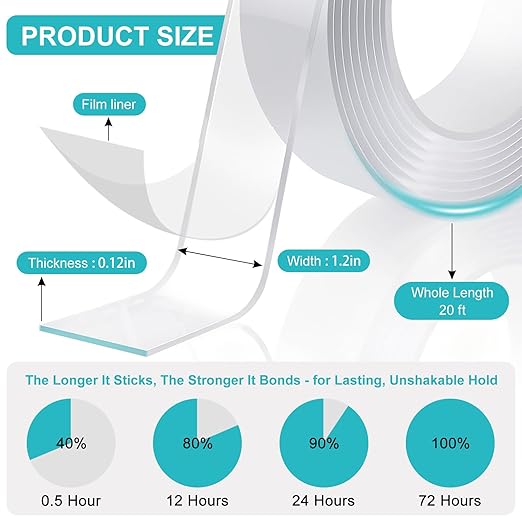 Double Sided Tape Heavy Duty 1.2in×20ft, Nano Tape Double Sided, Removable Traceless Two Sided Adhesive Tape, Clear Mounting Tape Double Sided Tape for Walls, Hanging Picture,Poster,Carpet