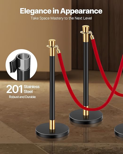 VEVOR Stanchions and Velvet Ropes, 6 Pcs Crowd Control Barriers with 4 Red Velvet Ropes, Stainless Steel Stanchion Post Queue with Sand Injection Hollow Base for Theater, Wedding, Party Supplies