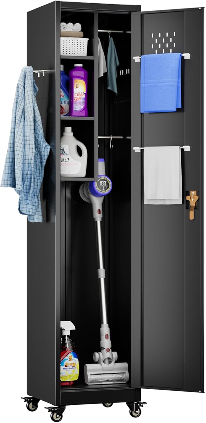 Aobabo 72" H Broom Closet Storage Cabinet, Lockable Metal Cleaning Storage Cabinet with Hooks for Home,Assembly Required, Black