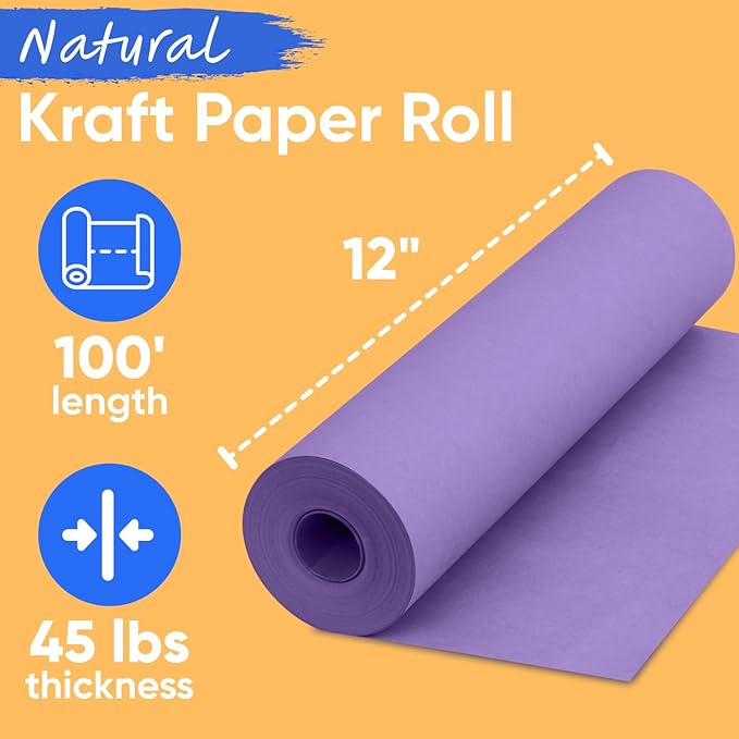 USA Made 12" x 1200" Lilac Kraft Paper Roll, 45 lbs Thickness, American Quality Colored Kraft Paper for School, Arts & Crafts, Bulletin Board - Odorless, Non-Toxic, Safe for Kids