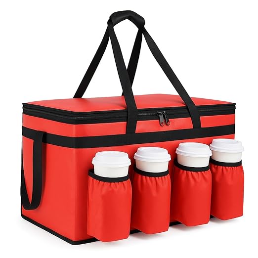 Insulated Food Delivery Bag with 4 Cup Holders, XXX-Large Insulated Grocery Bags Keep Food Hot/Cold, Cooler Bags with Drink Carrier, Food Carrier Catering Bag, Commercial Food Warmers, Red