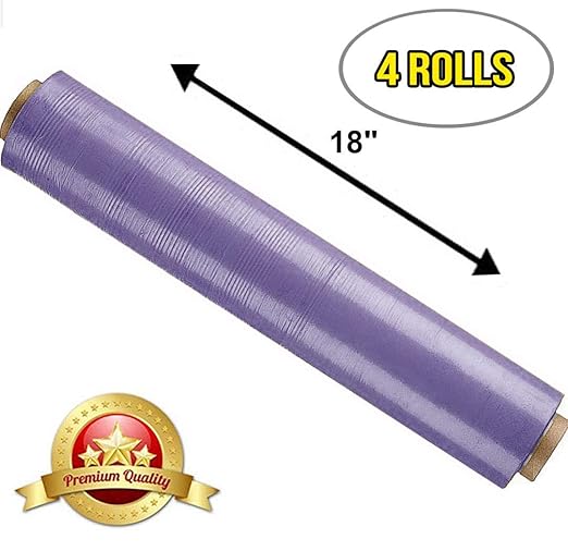 APQ 4 Rolls of Blown Hand Stretch Film 18" x 1500'. Purple Hand Stretch Wrap, 80 Gauge. Tear Resistant Residue Free Film for Moving, Shipping, Wrapping. Industrial Grade Pallet Shrink Wrap Film.