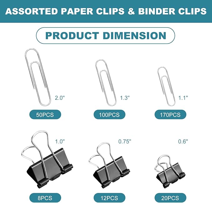 360 Pcs Paper Clips and Binder Clips Assorted Sizes, Large Medium Small Size Silver Paper Clips & Black Binder Clips with Container, for Office, Home, School Supplies