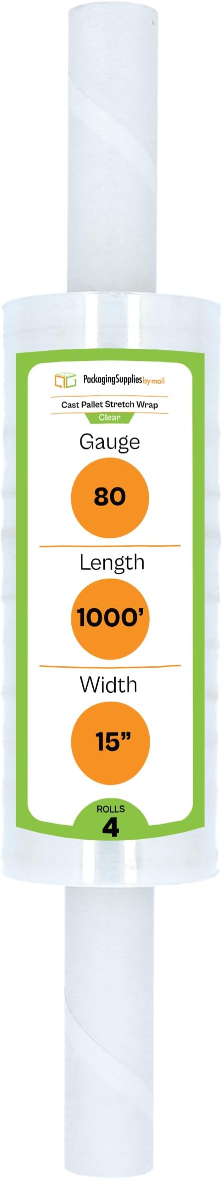 PSBM Stretch Wrap with Handles, 4 Pack, 15 Inch x 1000 Feet, 80 Gauge, Clear Plastic Cling with Extended Core Handles Built in