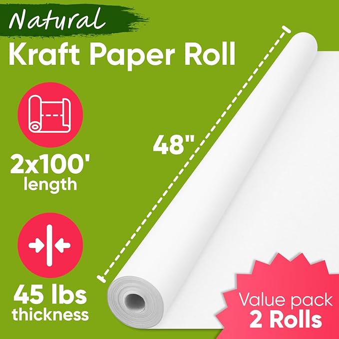 48" x 1200" (100 ft) White Kraft Paper Roll - Value Pack of 2, 45 lbs Thickness, Made in USA - Odorless, Non-Toxic, Safe for Kids - School, Bulletin Board Paper