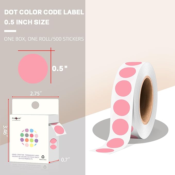 PARLAIM 1/2 Inch Round Adhesive Color-Code Dot Stickers,500 Stickers Inventory Dots Label in Dispenser Box,Pink Circle Coding Labels for Office Home(Pink)