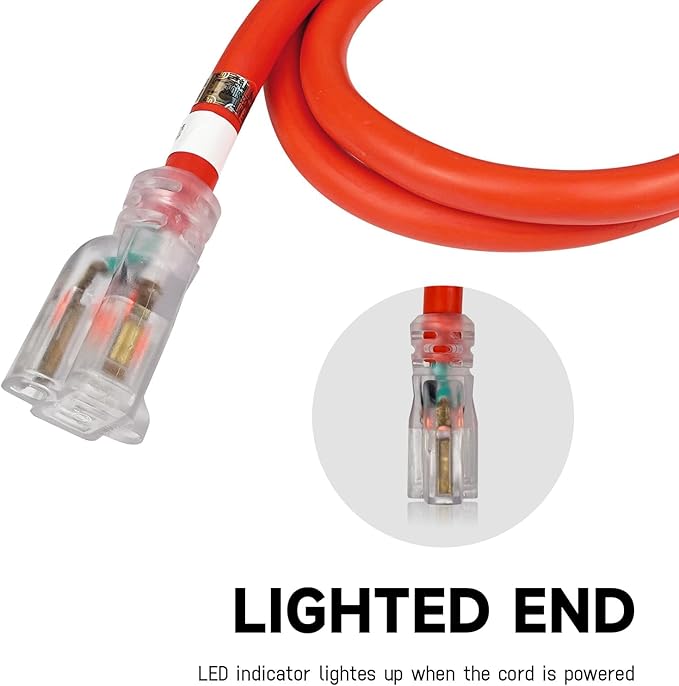 EP 10 Ft Lighted Outdoor Extension Cord - 10/3 SJTW Heavy Duty Orange Extension Cable with 3 Prong Grounded Plug for Safety, ETL Listed