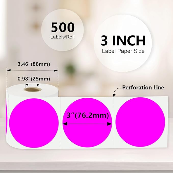 3 x 3Inch Round Color Coding Labels Circle Thermal Labels Printable Waterproof 500Pcs Round Stickers Adhesive Writable for Office, Garage, DIY Sticker, Barcodes,Name Tag, Fluorescent Purple