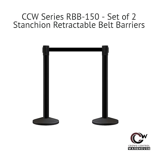Crowd Control Warehouse CCW Series RBB-150 - Set of 2 Stanchion Retractable Belt Barriers - 16 Foot, Blue Belt with Polished Stainless Steel Post - Easy Assembly