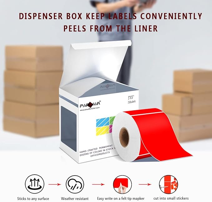 PARLAIM 3 X 5 Inch 250 Per Roll Rectangle Inventory Color Coding Labels,Roll Square Label Stickers for Home Red