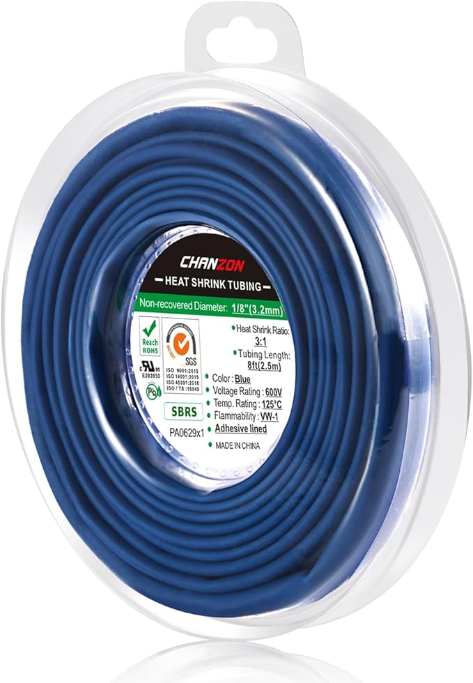 Chanzon 3:1 Ratio 1/8" (3.2mm) Heat Shrink Tubing - Marine Grade Waterproof Adhesive Lined - 8Ft Roll (2.5M Total Length) Blue Polyolefin Sleeving Wrap Shrinking 3 to 1 Ratio 1pcs