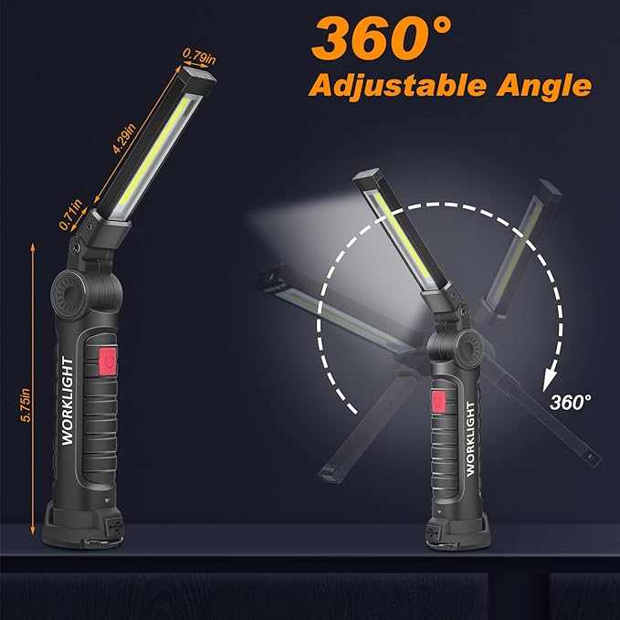 Mudder 6 Pcs Rechargeable LED Work Light with Magnetic Base 360° Rotate 5 Modes Flashlights for Car Repair Outdoor Father's Day Tool Gifts(Black)