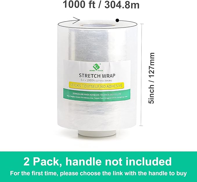 BOMEI PACK Plastics Industrial Mini Stretch Wrap Film Replacement 5" x 1000ft Roll, 80 Gauge for Moving, Packing Wrap Industrial Strength- Self Adhering Packaging Heavy Duty, 2 Pack