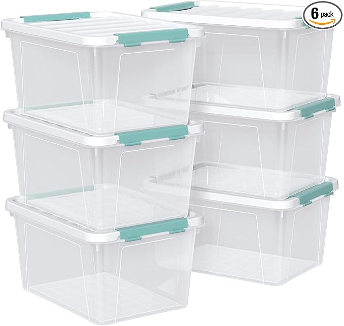 6 Packs Plastic Latch Boxes, 20 L Clear Stackable Storage Container Bin with White Lid